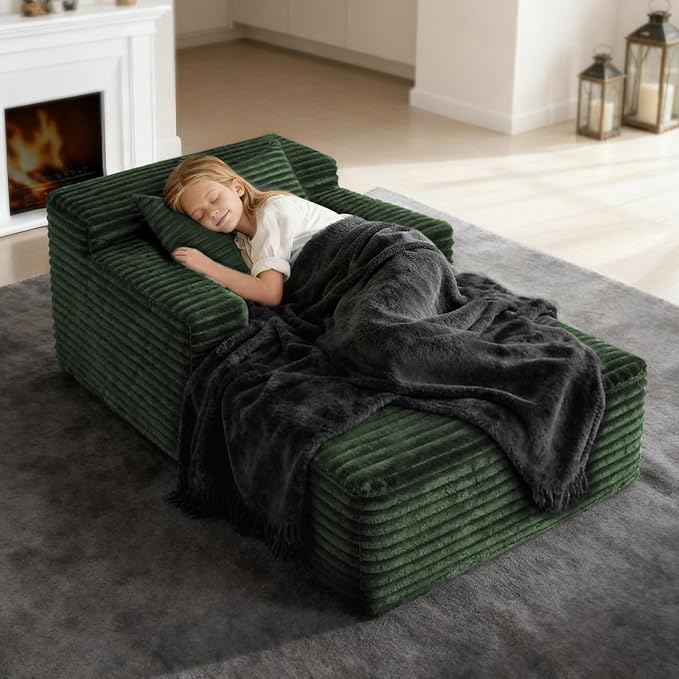 45'' Chaise Lounge Chair Indoor, Corduroy Upholstered Boneless Sofa Bed, Deep Seat Sleeper Couch Reading Chairs, Small Comfy Cloud Sofas Couches for Living Room, Bedroom, Movie Room (Green)
