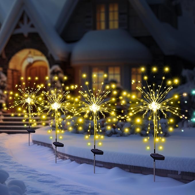 Solar Garden Firework Lights Outdoor Waterproof 6 Pack Solar Powered Art Stake Twinkle Lighting for Outside Decor, 120 LED Sparklers String Lights for Yard Pathway Patio Party Decorations (Warm White)