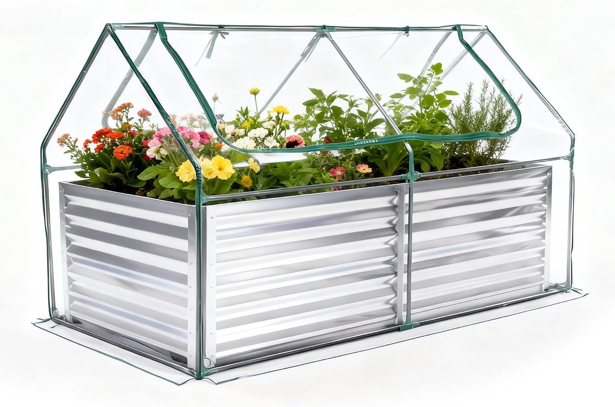 dumos galvanized raised garden bed with cover, clear, main product view