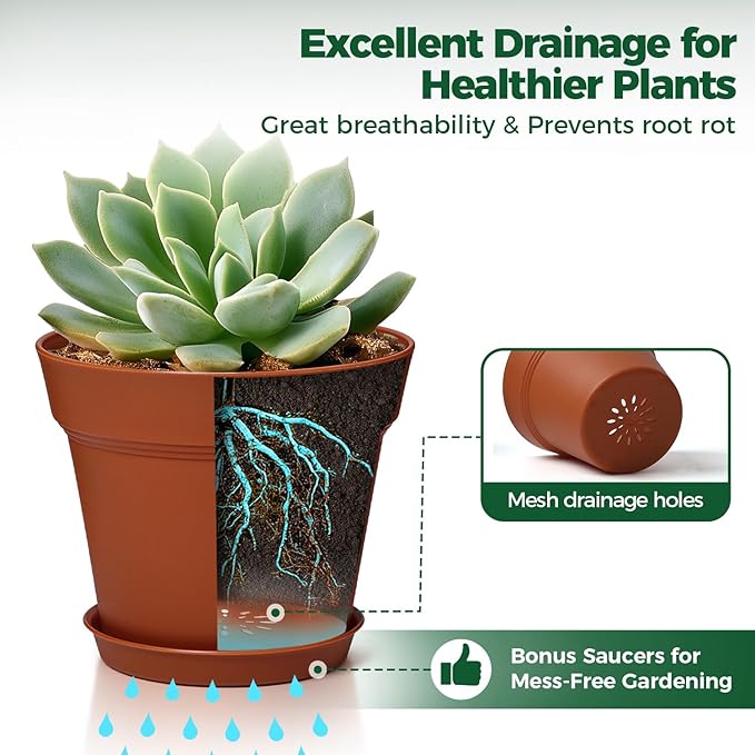 T4U Flower Pots 18-Pack, 5 Inch Plant Pot with Saucer and Drainage Hole, Durable Plastic Flower Pots, Small Pots for Plants, Violet, Succulent and Indoor Plant Decorative (18 Pack 5" Pot)