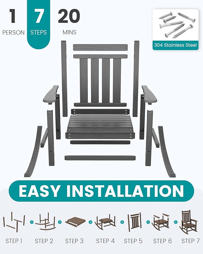 SERWALL Oversized Outdoor Rocking Chair Set of 4, HDPE Rocker for Adults, Patio Rocking Chairs for Porch, Grey