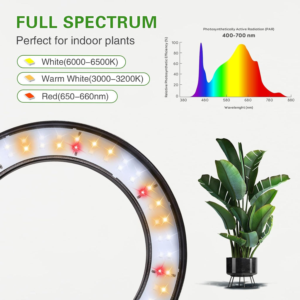 Grow Light with Stand for Indoor Plants, Dual Head Full Spectrum Floor Plant Light for Large Tall Plants, 16.5-68in Adjustable Height, 3/9/12H Timer, Dimmable, Modern Ring Grow Lamp for Home Décor