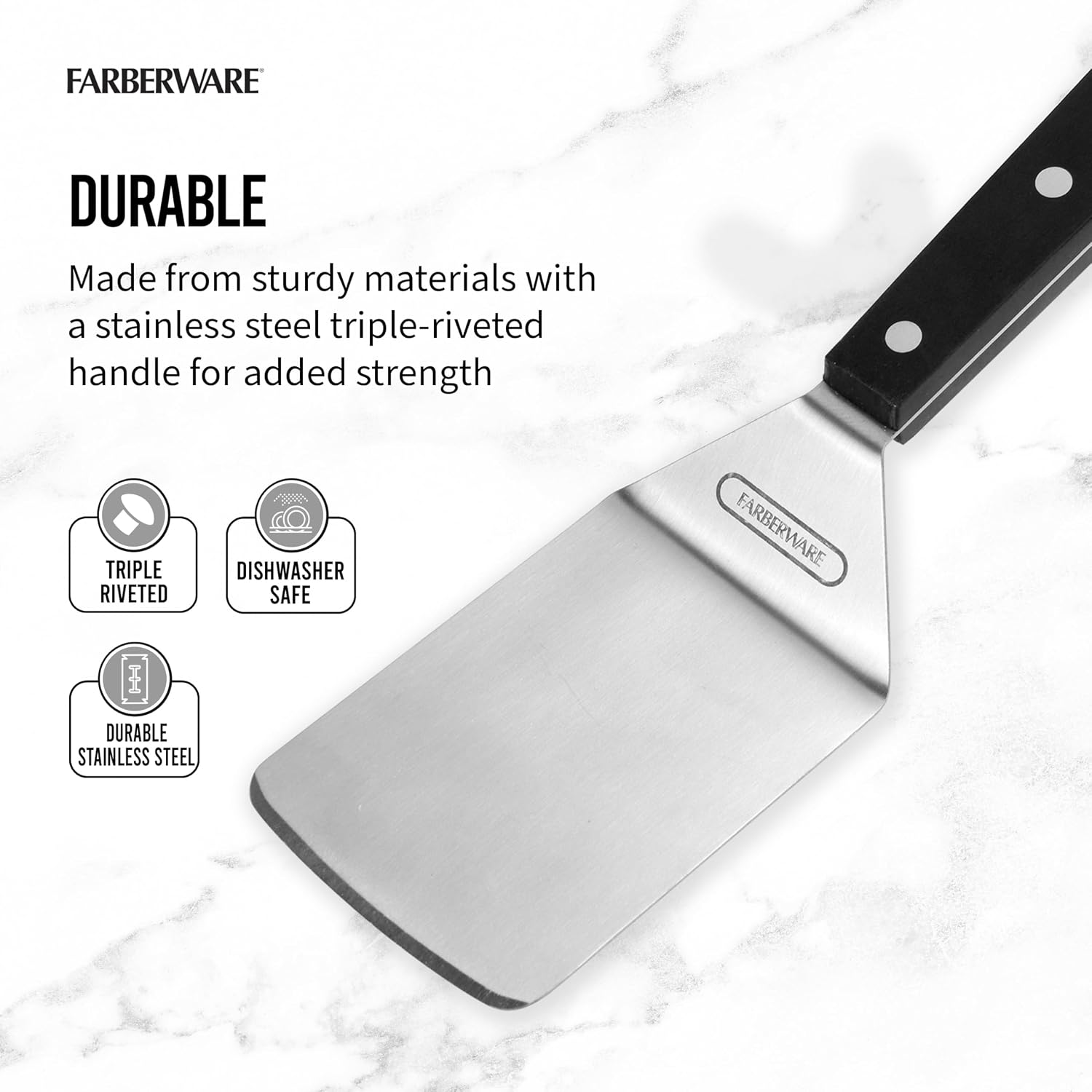 Farberware Pro Triple Rivet Wide Turner - 9.5-Inch Stainless Steel Head Kitchen Spatula with Durable POM Handle & Reinforced Rivets, Ideal Cooking Utensil for Flipping, Lifting & Scraping