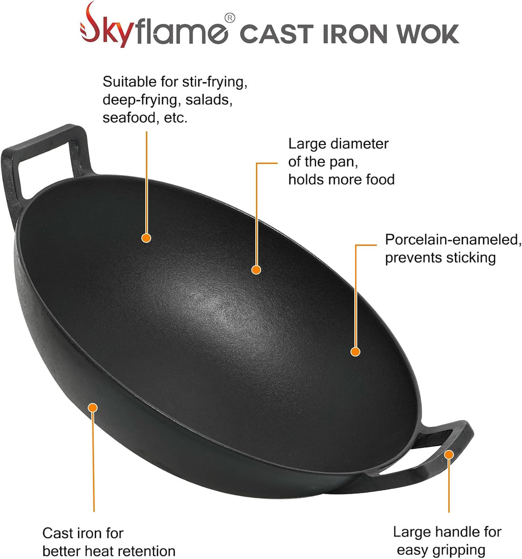 Charkettle 14" Cast Iron Wok with Handles for Gourmet BBQ System Grill | Maintains Food Flavor, Pre-Seasoned, Nonstick, Compatible with Weber Gourmet BBQ System, Campfire and Rocket Stove Use