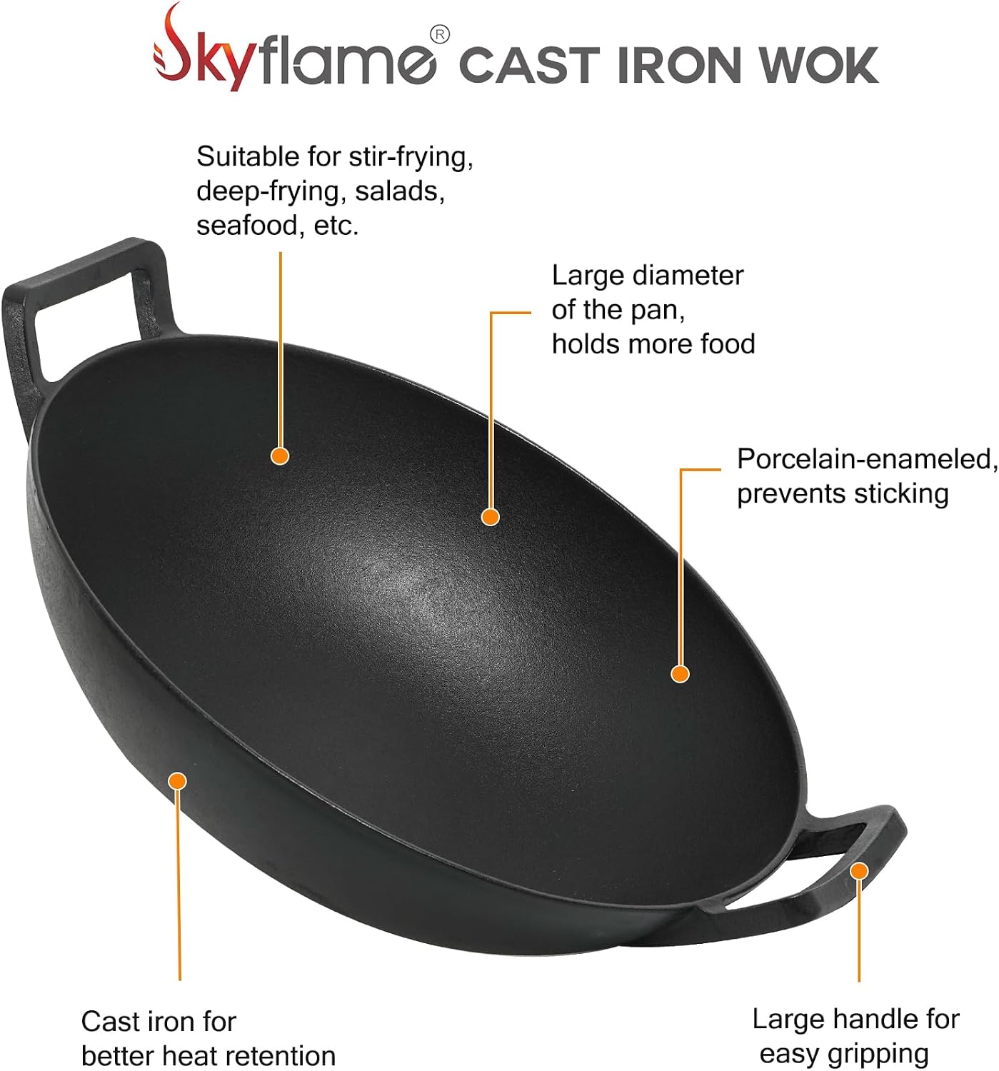 Charkettle 14" Cast Iron Wok with Handles for Gourmet BBQ System Grill | Maintains Food Flavor, Pre-Seasoned, Nonstick, Compatible with Weber Gourmet BBQ System, Campfire and Rocket Stove Use