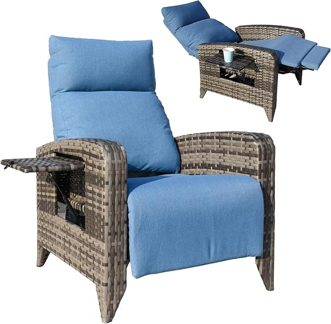 Outdoor Recliner Chairs Set of 2, Reclining Patio Chairs with Adjustable Back up to 150°Lay Flat and Extended Footrest, Wicker Recliner Chairs with Flip Table and Removable Olefin Cushion