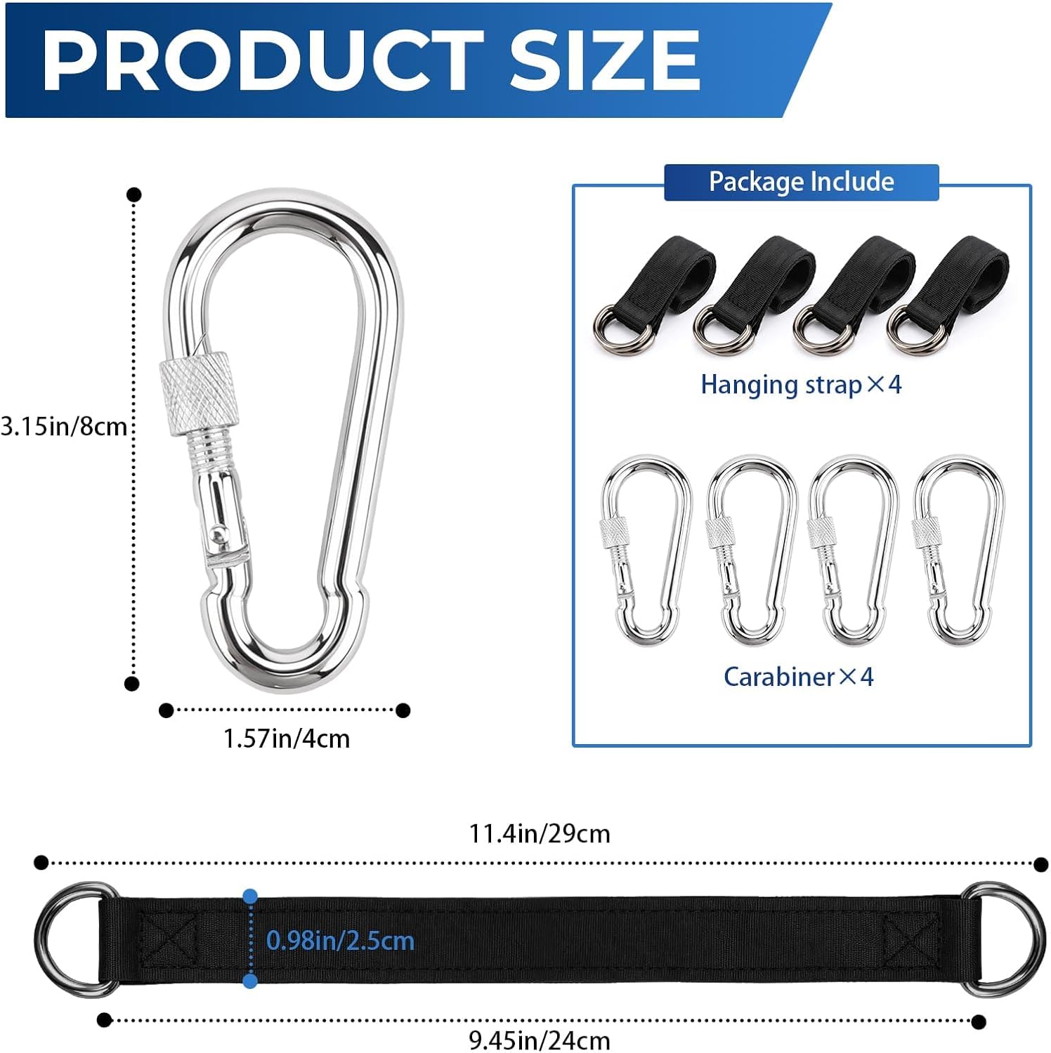 4 PCS Tree Swing Straps Hanging Kit with 4 Carabiners, 29cm / 0.95FT Length Tree Swing Hanging Straps Kit Perfect for Tree Swing Hammocks Punching Bag Gym Bar Chair Seat Outdoor