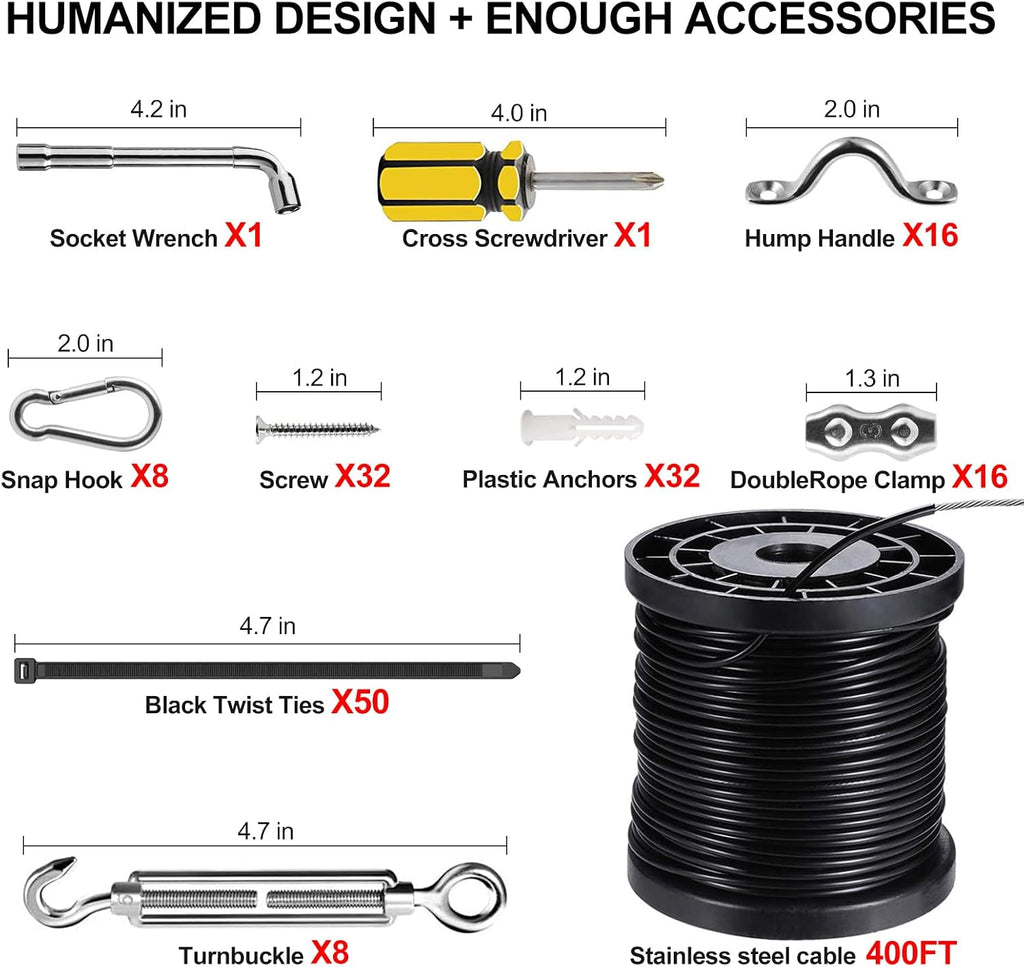 BLIKA String Light Hanging Kits, 400FT Coated Stainless Steel 304 Wire Rope, Outdoor Light Guide Wire, Globe String Light Suspension Kit Included Turnbuckles, Enough Accessories, Use Manual