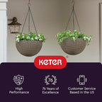 Keter Resin Rattan Set of 2 Round Hanging Planter Baskets for Indoor and Outdoor Plants-Perfect for Porches and Patio Decor, Cappuccino