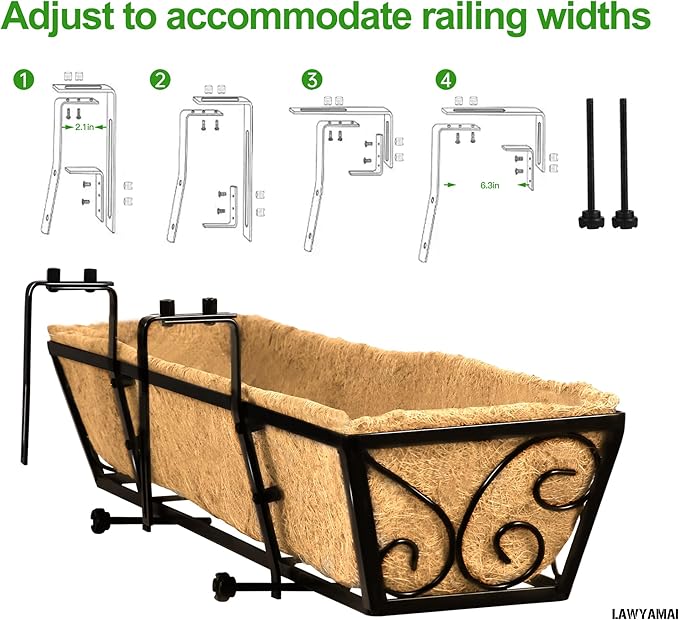 6pcs 24 Inch Window Deck with Coco Liner, 24" Window Boxes Horse Trough with Coconut Coir Liner, Metal Hanging Flower Planter Window Basket Deck Railing Planter Boxes for Outdoor Indoor Lawn