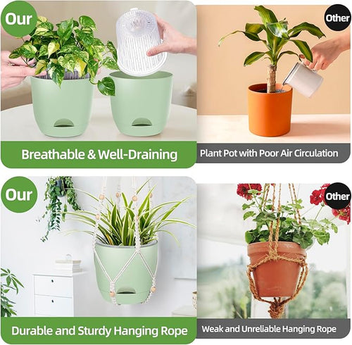 2-Pack 7..1-Inch Self-Watering Hanging Planters for Indoor & Outdoor Plants,34Inch Macrame Hanger Plant Pots Indoor with Drainage,Small Hanging Planters & Baskets,With Two Sets of Hooks（Pure green）