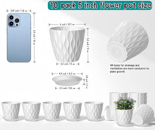 10 Pack 5 Inch Plant Pots with Drainage and Saucers, White Plastic Flower Pots for Indoor and Outdoor Plants, Stackable Nursery Planters for Houseplants and Herbs, White