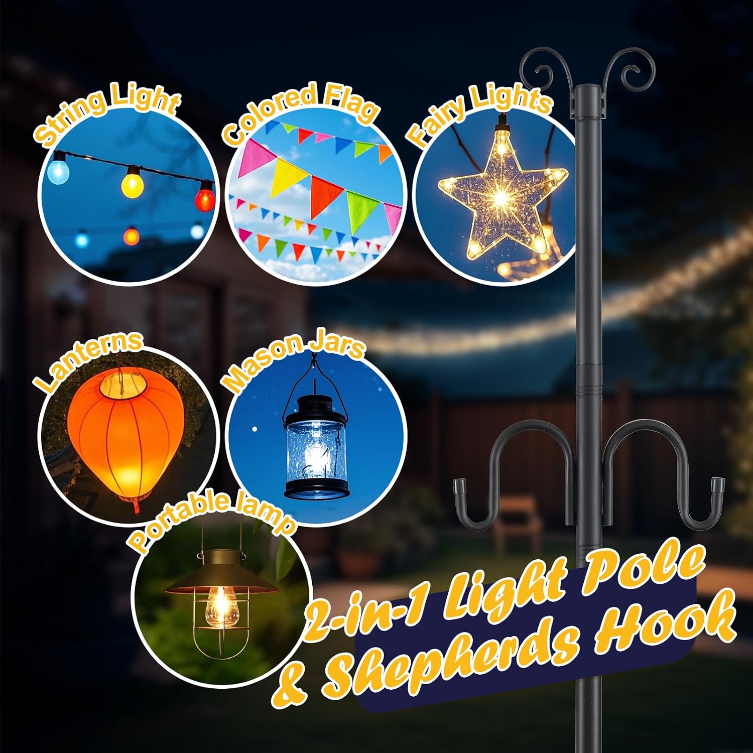 10FT String Light Poles 2Pack, 1.5 Inch Heavy Duty Poles for Outdoor String Lights with Shepherd Hook, 2 in 1 Light Pole with Anchor for Garden Backyard Patio Bistro Cafe