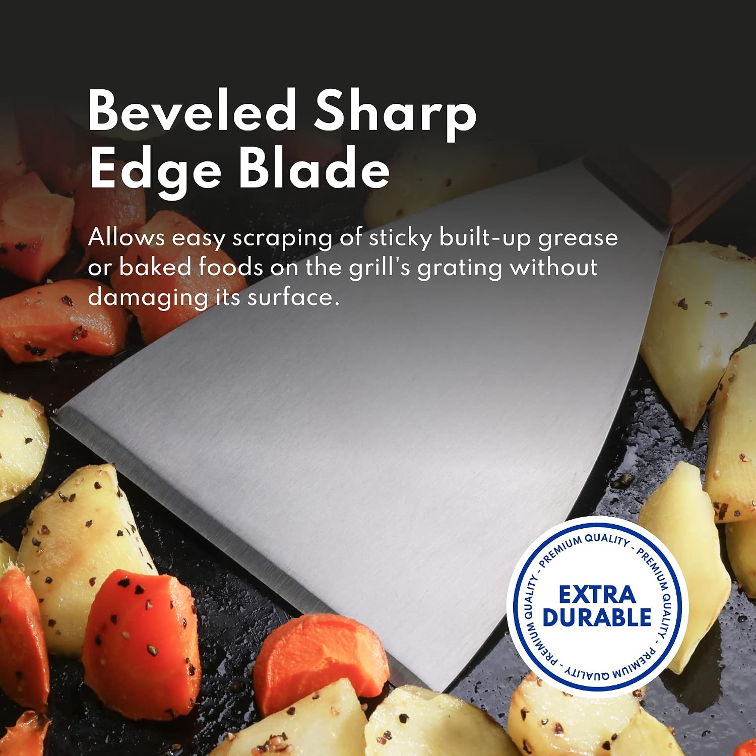 New Star Foodservice Stainless Steel Slant Edge Grill Scraper with Wood Handle, 4 x 8.5 Inch Restaurant Grade Griddle Scraper, Flat Top Scraper, Grill Cleaning Tool