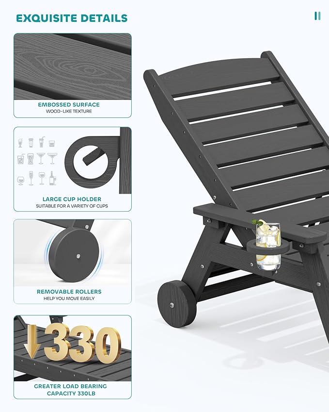 SERWALL Patio Chaise Lounge Chair Set of 4, 5 Positions Adjustable Poly Outdoor Lounger for Pool, HDPE Lounge Chair with Rolling Wheels & Cup Holder for Poolside, Deck, Slate Gray
