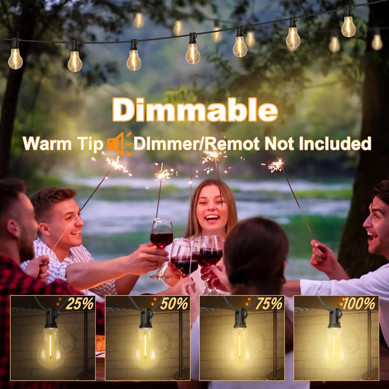 75FT Outdoor String Lights with 35 Bulbs(2FT Spacing), 3 Spare Bulbs | 2FT Bulb Spacing, IP65 Waterproof, Commercial, Perfect for Patio, Porch, Backyard