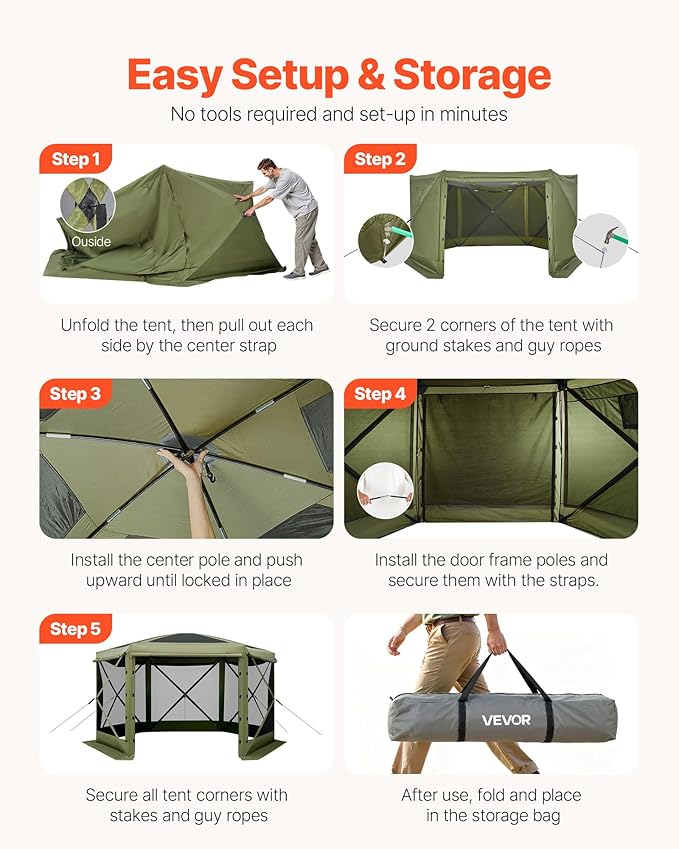 VEVOR Pop up Gazebo Screen Tent, 12 x 12 ft Large 6-Sided Camping Canopy Tent with Removable Top & Carry Bag, Quick-Set & Bite-Proof, Screen House Sun Shelter for 8-10 Persons Backyard Patio, Green