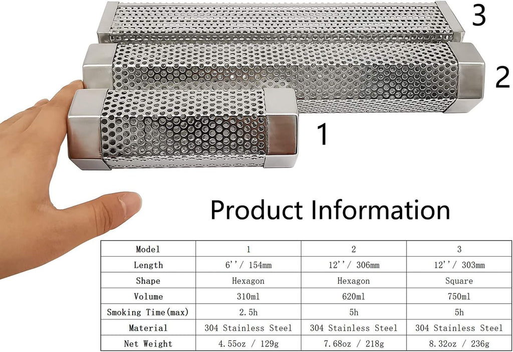 Smoker Smoke Tube Box for Pellets Grill, 6" Hexagon, 1Pack | 304 Stainless Steel BBQ Cold Smoker Generator Tube, 2.5 Hours of Billowing Hot or Cold Smoking