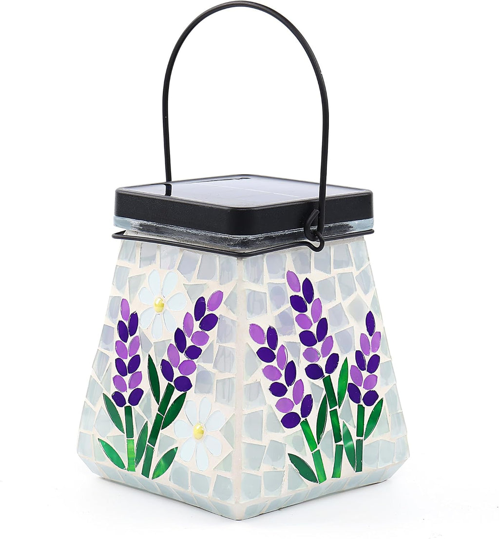 SAVENNA Mosaic Solar Lantern,Handcrafted Glass Outdoor Hanging or Table Lantern,600mAh Long Lasting Garden Light for Patio, Yard & Outdoor Decor– Lavender Pattern