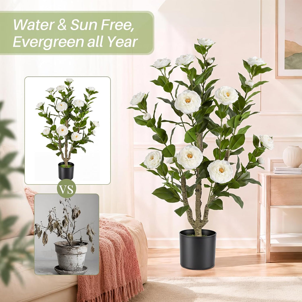 3ft 2-pack artificial camellia trees, close-up detail