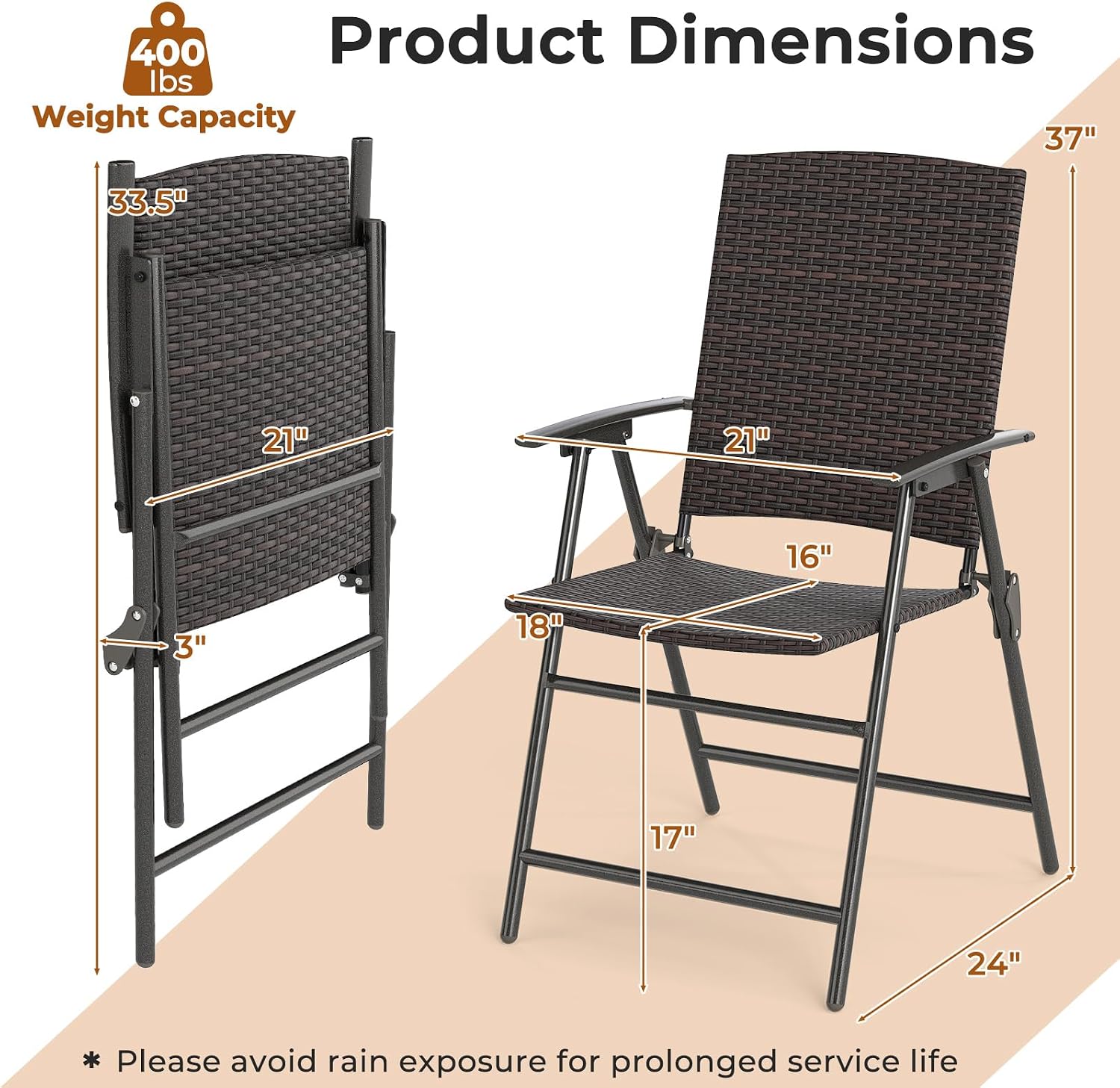 Tangkula Outdoor Folding Chairs Set of 2, Patio PE Wicker Dining Chairs with Armrests and Metal Frame, Portable Lawn Chairs for Garden, Porch, Balcony and Camping, Fully Assembled (1, Mix Brown)