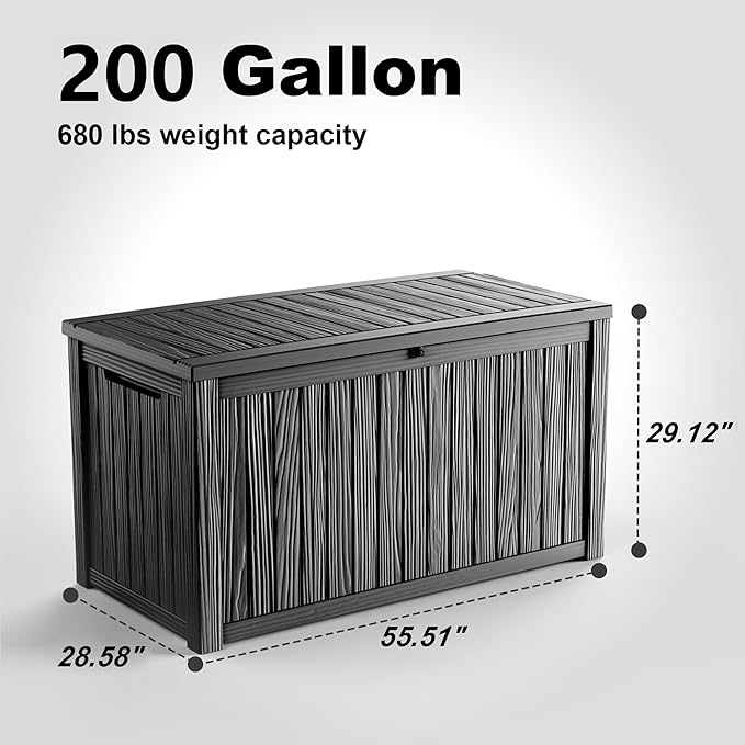 200 Gallon Waterproof Outdoor Storage Box,Resin Deck Box,Lockable Outside Storage Box Container for Patio Furniure,Garden,Tools (200 Gallon,Black)