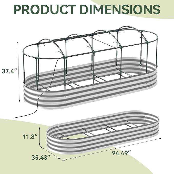 Raised Garden Bed with Self-Watering System, 8x3x1 ft Elevated Planter Boxes Outdoor with Mesh Cover, Oval Galvanized Raised Beds for Gardening,Vegetables,Flowers, Backyard, Patio