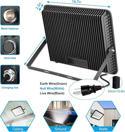 300W LED Flood Light Outdoor,2000W Equivalent 5000K Daylight White Super Bright FloodLight with Plug,43500LM IP66 Waterproof Commercial Lighting for Sports Fields,Counts,Arena,Stadium