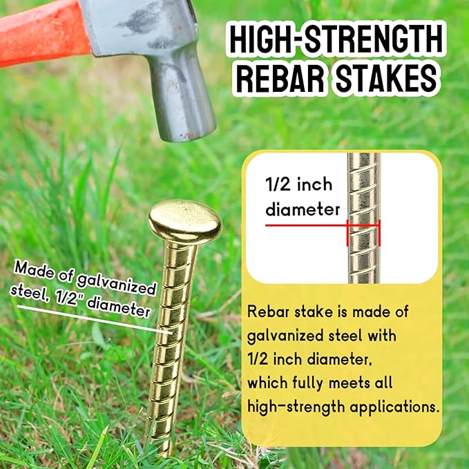 16 Inch Rebar Stakes - 1/2 Inch Diameter Galvanized Steel Ground Anchors - Heavy Duty Plant Support Garden Stake for Speed Bump, Wheel Stop, Tent (10 Pack)