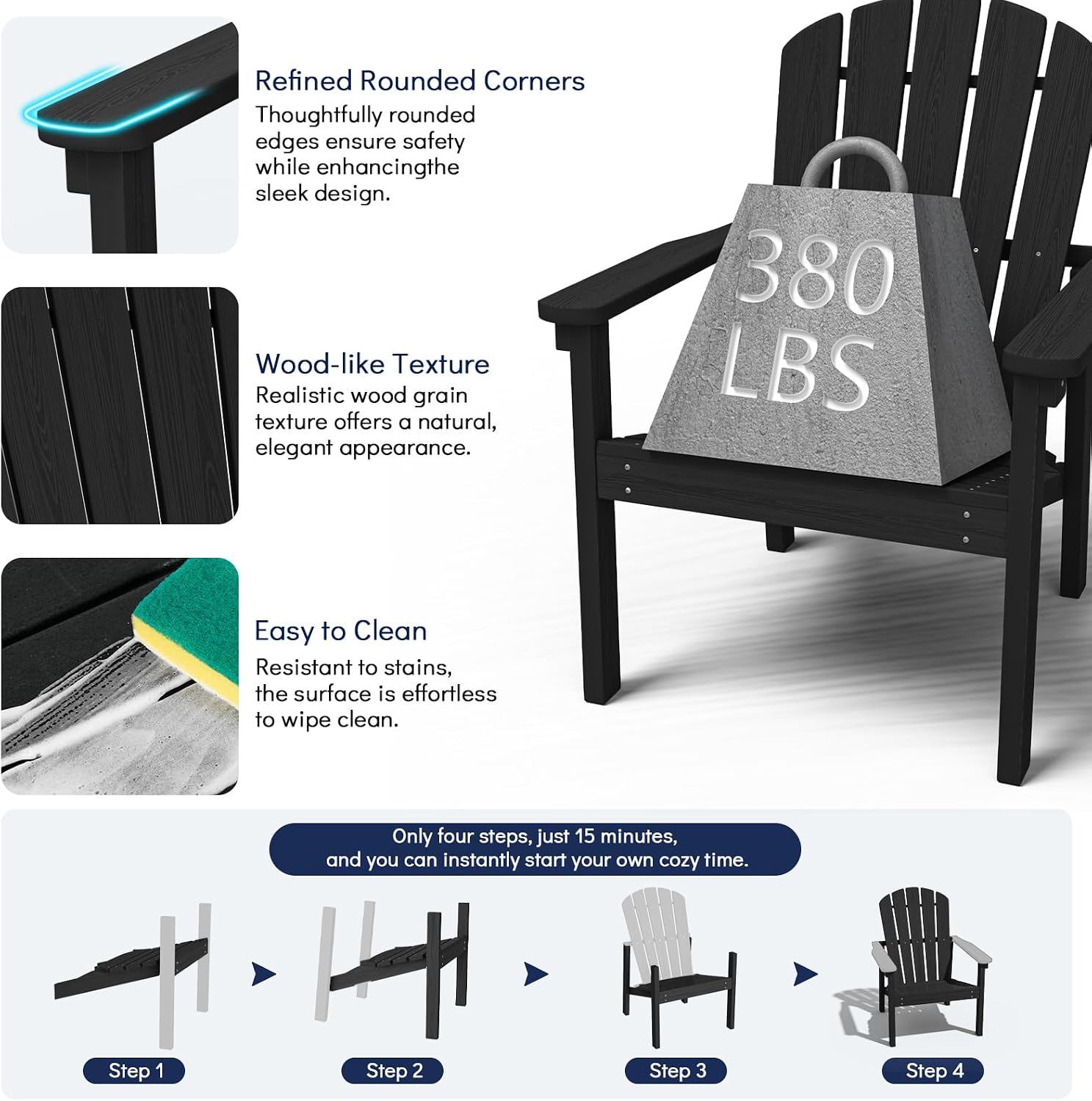 Compact Stackable Adirondack Chairs Set of 4,HDPE,Black | 26.3" Wide HDPE,380lb,All-Weather Outdoor.Maintenance-Free.Stackable for Storage.25°Curved Straight Backrest.Quick Assembly
