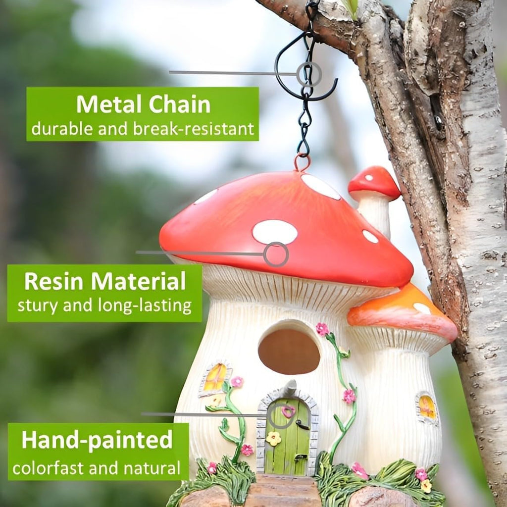 Bird Houses for Outside, Mushroom Hanging Resin Birdhouse (Red) | Garden Bird House for Outdoors, Decorative Outdoor Bird Nest, Waterproof Birdhouse for Patio, Yard, Porch & Garden Decor