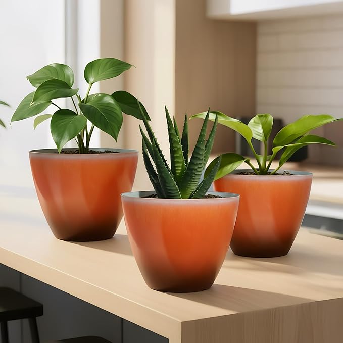 Plant Pots for Indoor Outdoor Plants, Pack of 4 Plastic Flower Pots with Drainage Holes and Saucers, 8 Inch Glazed Planters for Indoor Plants Office Home Decor (Orange, 4pcs)