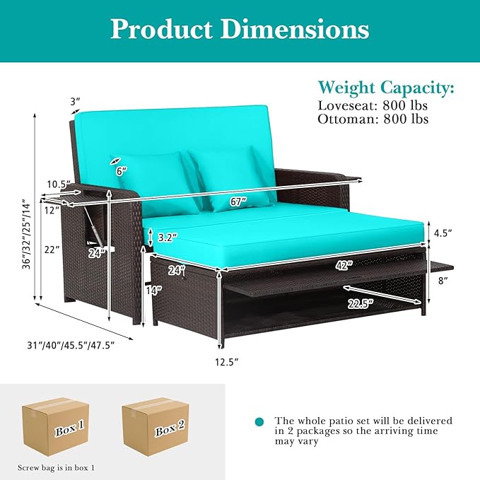 LDAILY Moccha Outdoor Daybed, Wicker Loveseat Sofa Set with 4-Postion Adjustable Backrest, Storage Ottoman, Cushions, Rattan Double Bed Lounger, Patio Furniture Set (Turquoise)