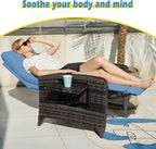 Upgraded Outdoor Recliner Chair, Reclining Patio Chairs with Adjustable Back up to 150°Lay Flat and Extended Footrest, Wicker Recliner Chairs with Flip Table and Removable Olefin Cushion