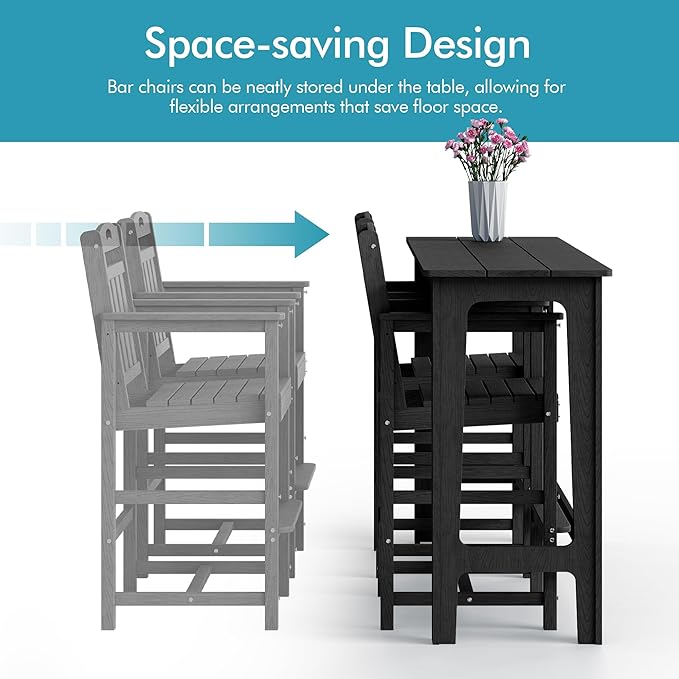 Ciokea Outdoor Bar Height Table Set of 5, 60" Extra Long Rectangle High Top Table and 4 Oversized Adirondack Chairs Set, Heavy-Duty All-Weather HDPE Patio Bar Set for Backyard Balcony Deck, Black