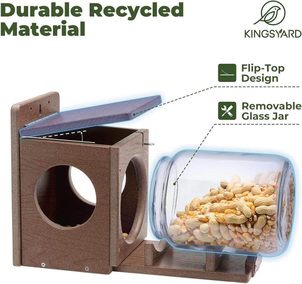 Kingsyard Recycled Plastic Squirrel Feeder for Outside, Squirrel Feeder Box with Peanuts Corn Storage Jar, Sturdy & Durable, Weatherproof (Brown) | Sturdy & Durable Recycled Plastic, Removable Peanuts Corn Storage Jar, No Assembly Required, Weatherproof