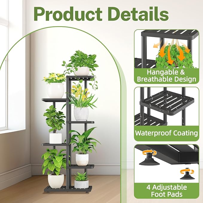 iDavosic.ly Plant Stand with Grow Light Indoor Outdoor, 5-Tier Tall Metal Flower Shelf for Heavy-Duty Large Planters, Corner Orchid Display Rack for Living Room Balcony Patio Porch, Modern Black