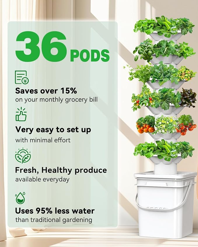 Vertical Hydroponics Growing System Kit, Indoor Outdoor Gardening System Kits, Herb & Fruits Growing Hydroponic Tower, 6 Layers (36 Pods)
