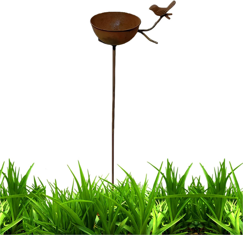 32 Inch Rain Catcher Garden Stake, Antique Iron Metal Water Bowls Bird Bath and Bee Watering Station, Decorative Flower Bed Rainwater Collector Bird Water Feeder for Outdoor Yard Art Decor