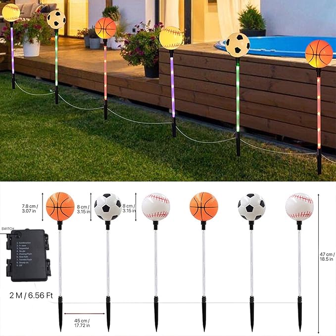 Battery Powered Garden Sports Ball Theme Party Stake Lights Soccer Basketball Football Baseball Mixed LED Landscape Path Lights Indoor/Outdoor Christmas Festival Home Patio Decoration Lamps