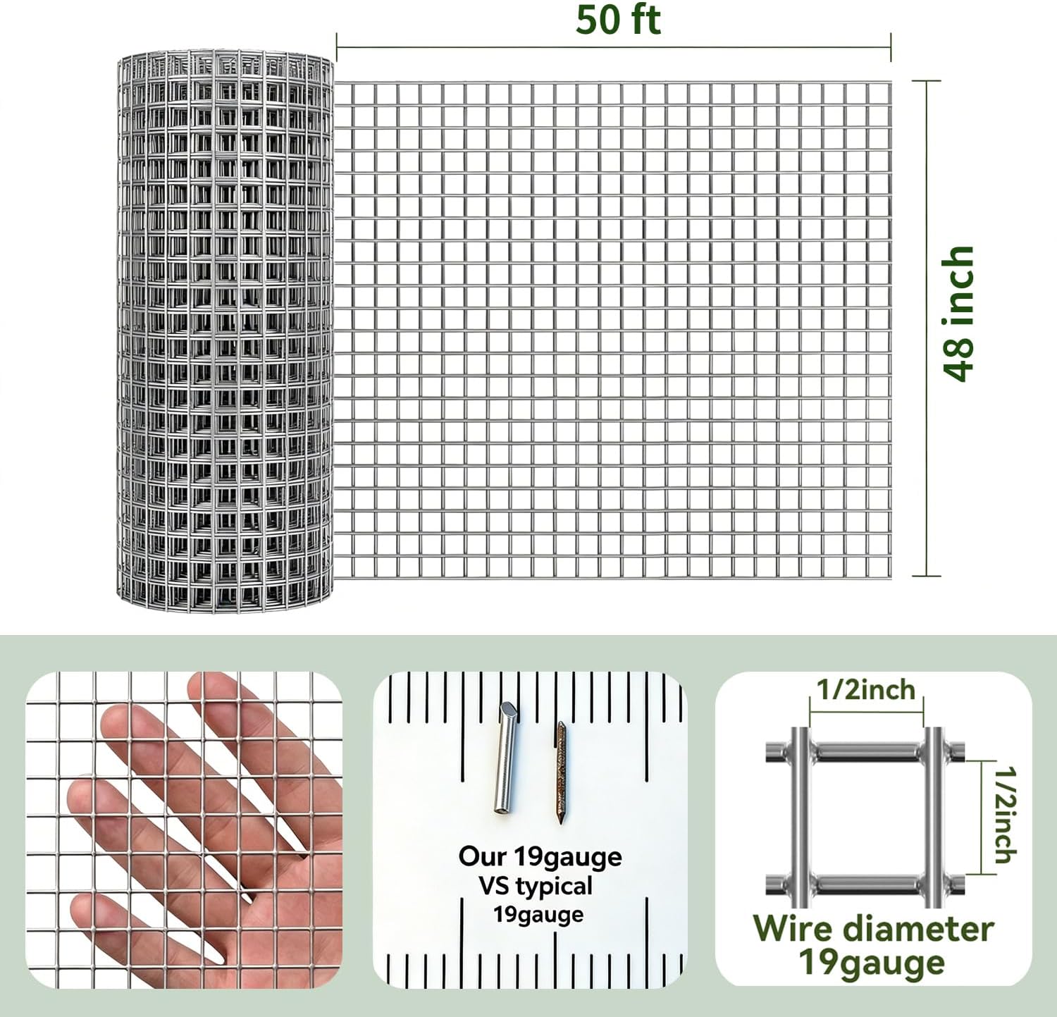 Amagabeli Hardware Cloth 1/2 inch 48 in x 50 ft True 19 Gauge Chicken Wire Double Galvanized Welded Wire Fencing Mesh Roll Garden Plant Support Poultry Netting Rabbit Cage Snake Gopher Fence