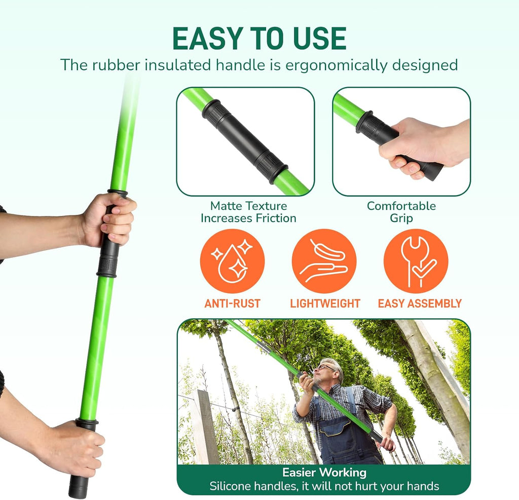 VINGLI 26FT Manual Pole Saw for Tree Trimming, Extendable Tree Pruner, Sharp Steel Blade and Scissors, High Tree Branch Cutter with Lightweight 8 Fiberglass Long Handles, for Pruning Palms and Shrubs