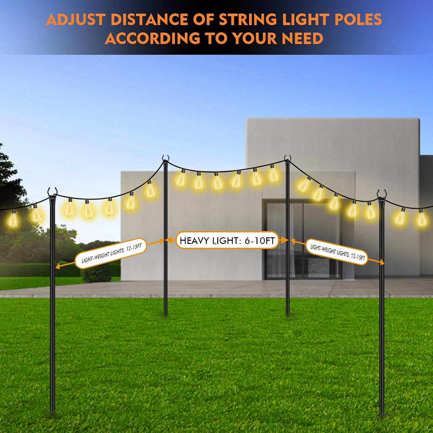 String Light Poles, 10 FT, 6 Pack, Ground & Fence Mount | Heavy-Duty Steel, 5-Prong Stable Base, Powder-Coated Finish, Rust Resistant, Outdoor Lighting & Décor, Patios, Backyards
