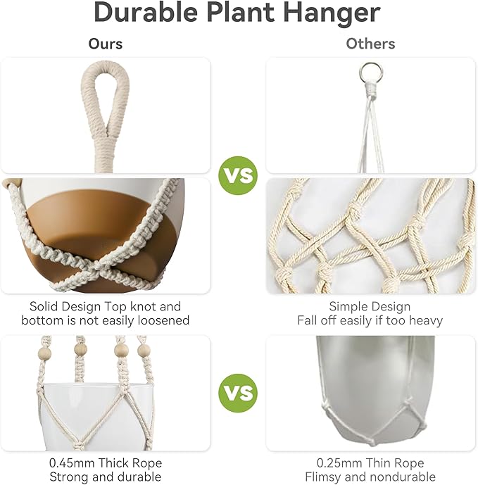 USLAI Macrame Plant Hanger Indoor Outdoor, Fits 4 to 15 Inch Pots, Strong Hanging Planter Holder, Boho Home Decor, 35 Inch, Ivory, Set of 3 (POTS NOT Included)