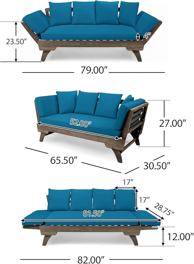 Merax Outdoor Patio Daybed Sofa,3-Seat Sofa with Foldable Arm 4 Back Pillows,Teak Acacia Wood Frame Beige Removable Cushion,Grey+Teal