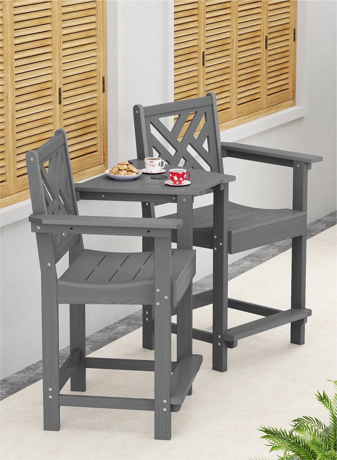 Tall Adirondack Chairs Set of 2, Outdoor 24'' Counter Height Bar Stools with Back and Arms, All-Weather HDPE Patio Tall Chairs for Balcony, Backyard, Garden, Deck (Grey)