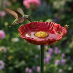 Ceramic Bee Watering Station for Garden, Handmade Flower Shaped Bird Bath with Stake, Outdoor Pollinator Feeder Cups for Wild Birds, Butterflies & Squirrels, Decorative Plant Pot Water Bowl (Red)