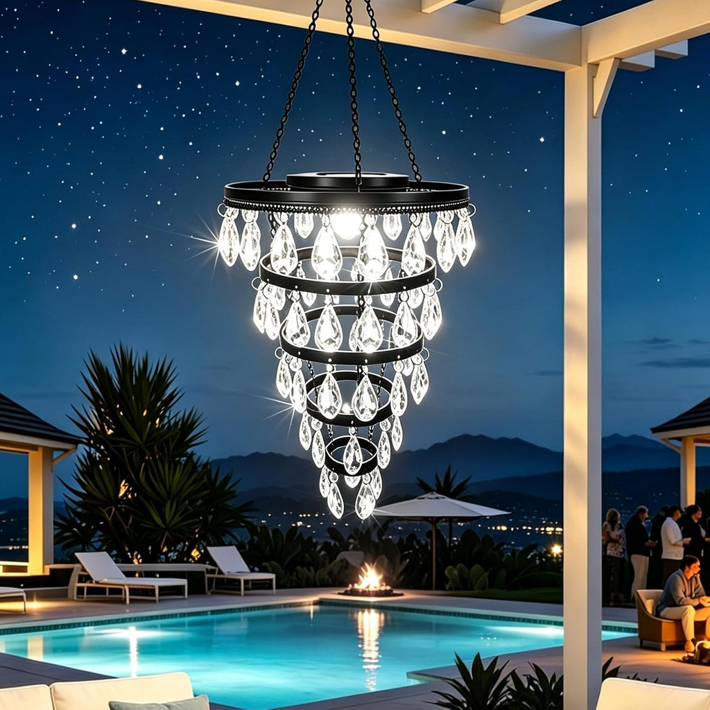 SUNNYPARK Hanging Solar Chandelier Light Outdoor Waterproof | Handcrafted with Teardrop Prisms, Solar Powered, Decorative Hanging Light for Patio, Porch, Gazebo Garden & Holiday