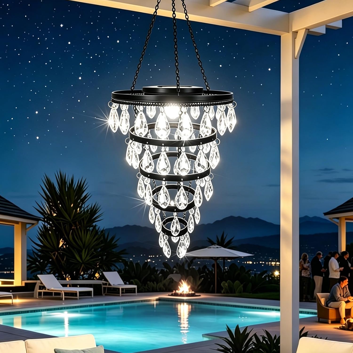 SUNNYPARK Hanging Solar Chandelier Light Outdoor Waterproof | Handcrafted with Teardrop Prisms, Solar Powered, Decorative Hanging Light for Patio, Porch, Gazebo Garden & Holiday