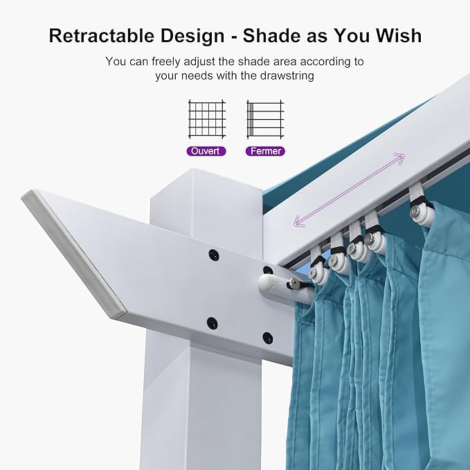 PURPLE LEAF 10' x 13' Aluminum Outdoor Pergola White Modern Grape Trellis Retractable Pergola with Double Sun Shade Canopy Metal Pergola with Light for Patios Backyard Deck Garden, Blue
